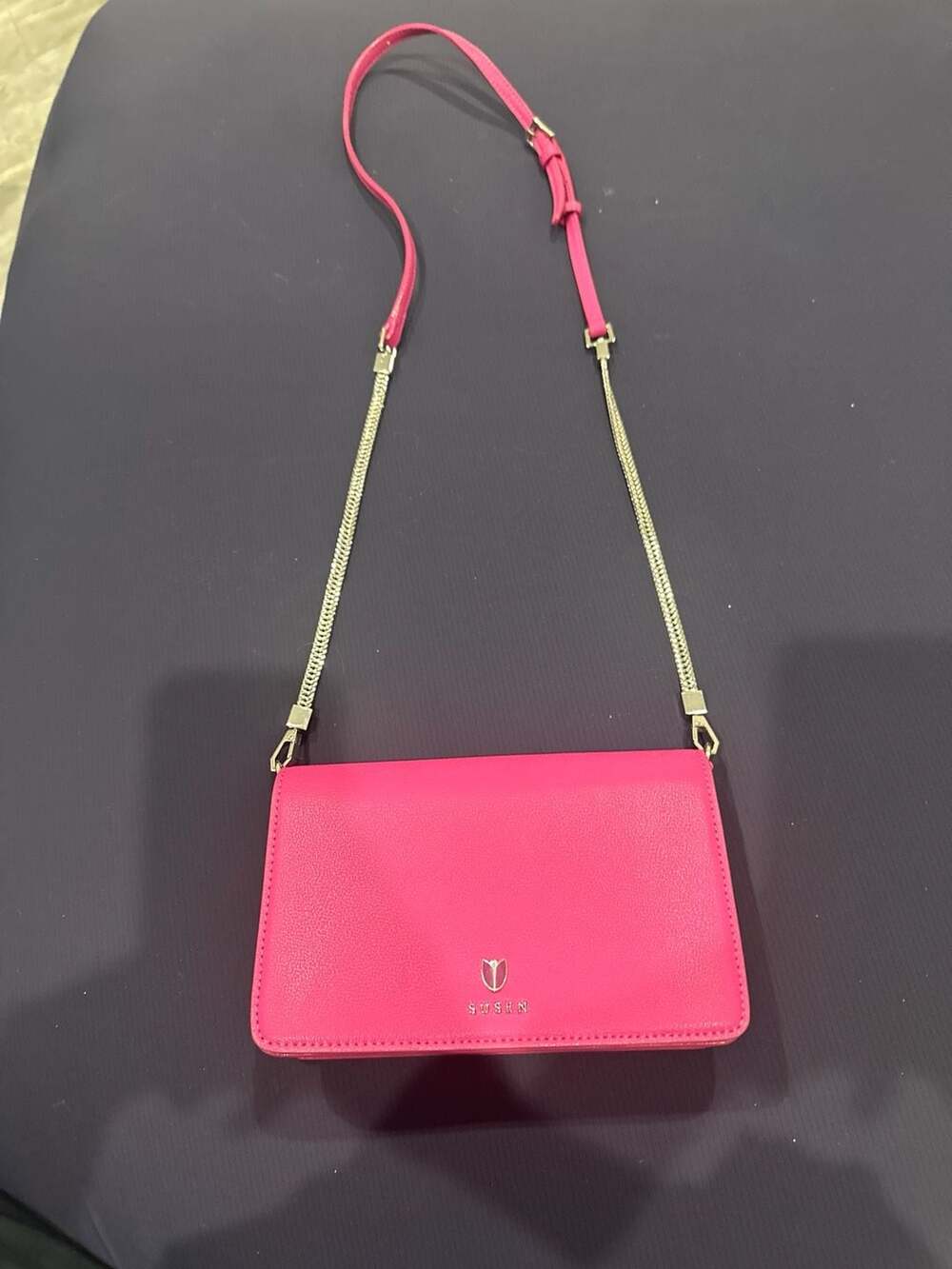 Susen Hot Pink Faux Leather Crossbody Bag with Chain Strap Detail